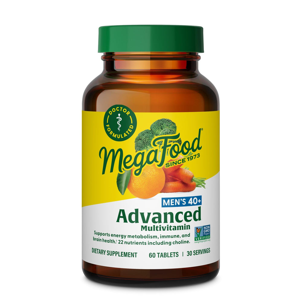 MegaFood Men’s 40+ bottle front showing the doctor-formulated multivitamin for daily vitality.