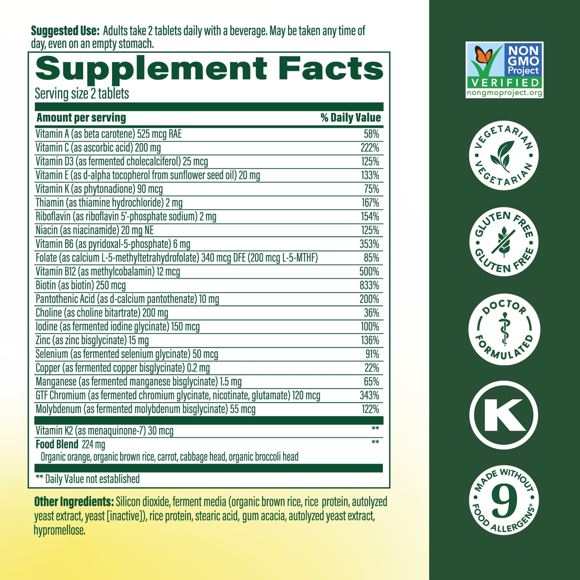 Close-up of MegaFood Men’s 40+ tablets highlighting the two-tablet serving.