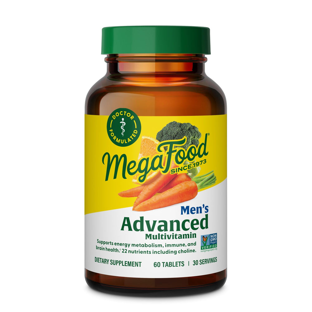 MegaFood Men’s Advanced Multivitamin bottle front view showing daily immune and brain support.