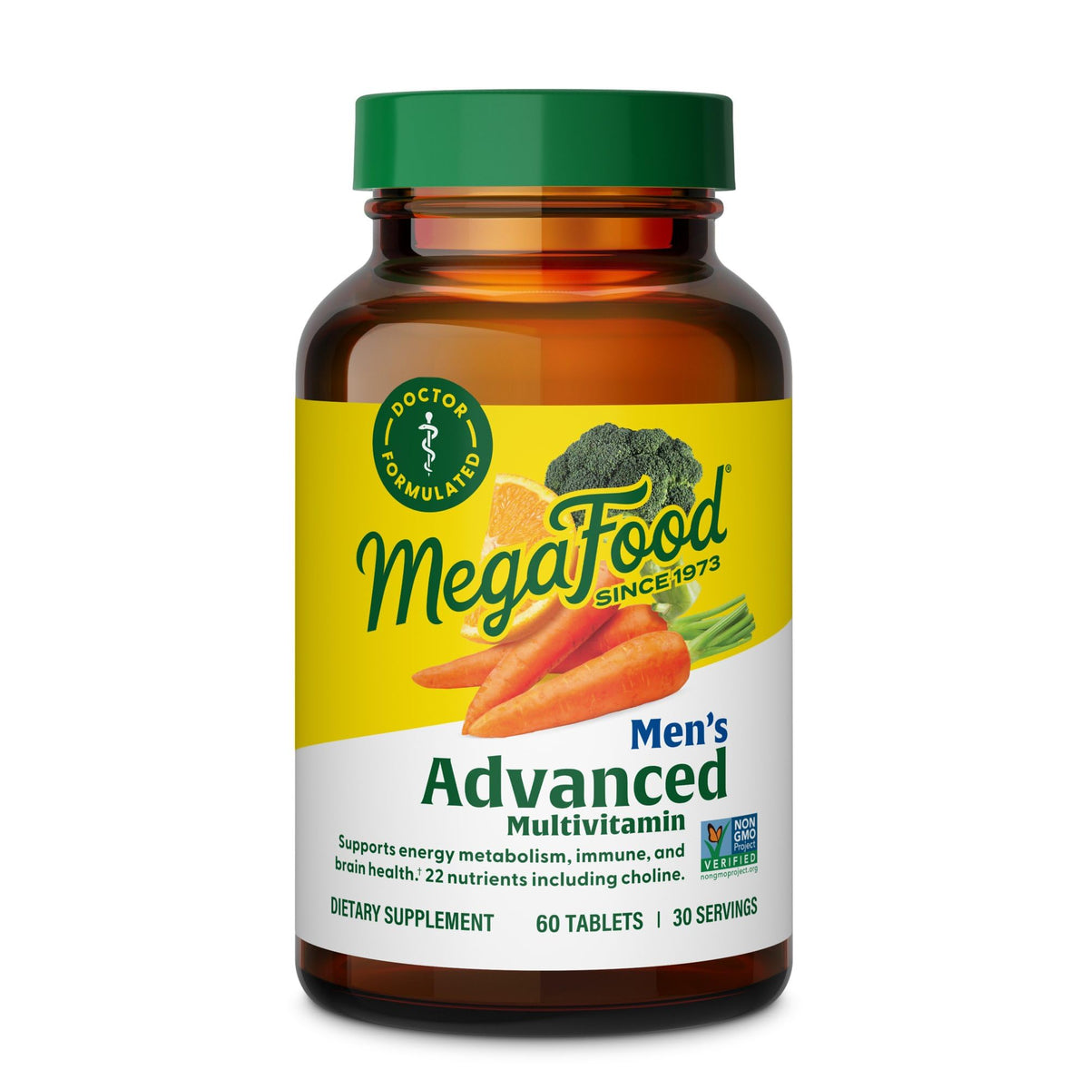 MegaFood Men’s Advanced Multivitamin bottle front view showing daily immune and brain support.