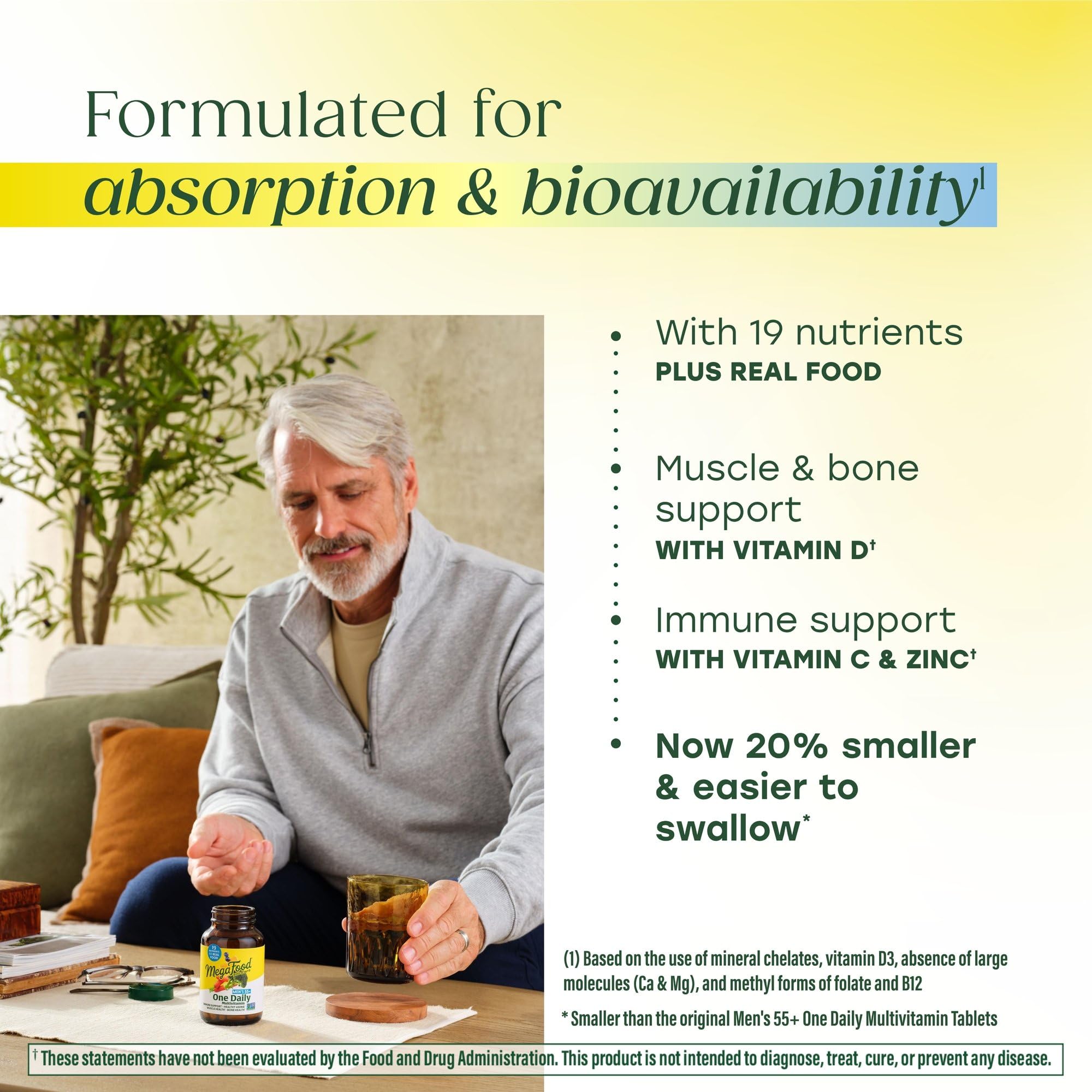 Close-up of MegaFood Men 55+ bottle label with supplement details.