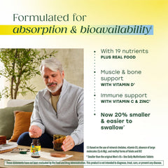 Close-up of MegaFood Men 55+ bottle label with supplement details.