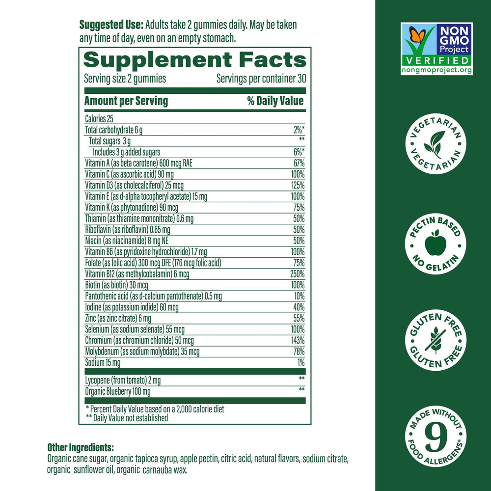 MegaFood Men’s Wild Blueberry Gummy label showing 19 nutrients and methylated B12.