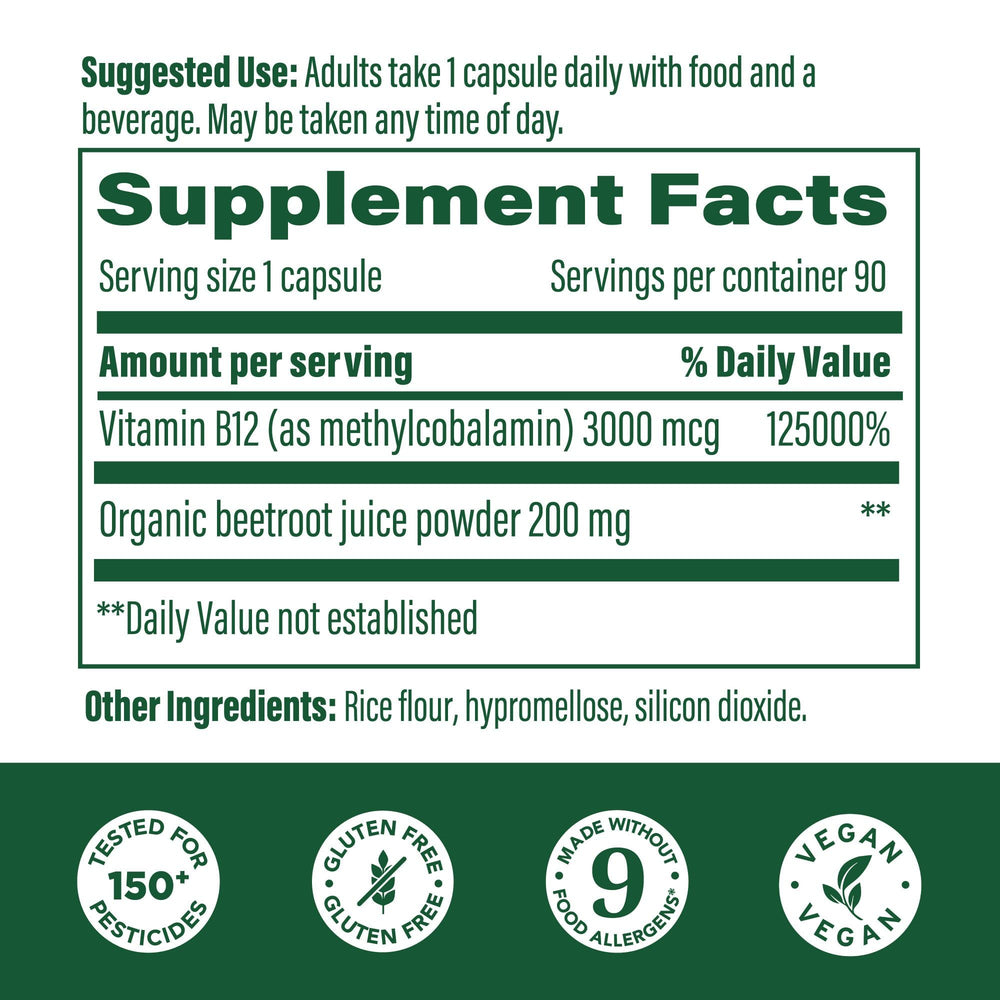 Close-up of MegaFood Methyl B12 capsules showing bioavailability.