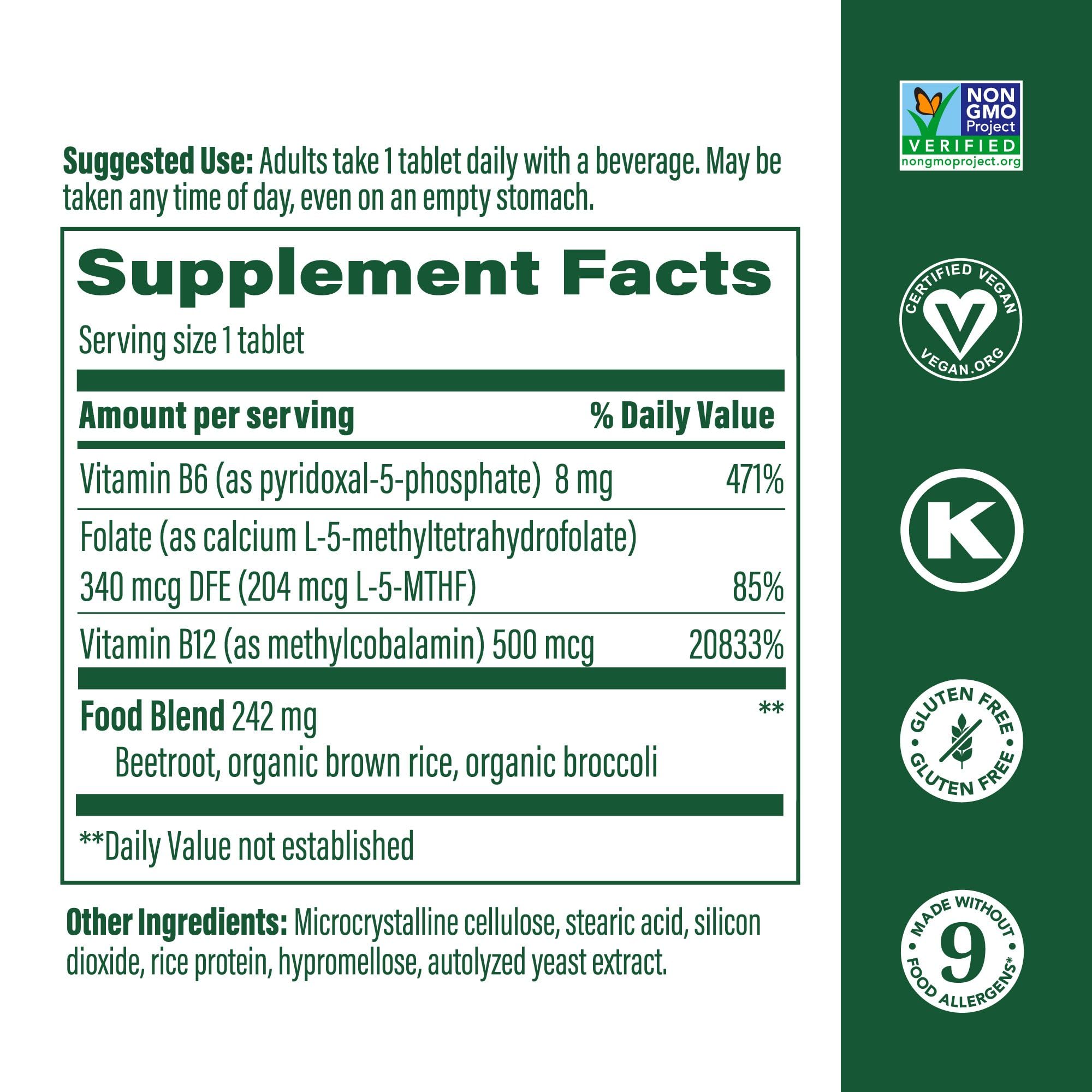 MegaFood Methyl B12 tablets close-up highlighting energy and focus benefits.