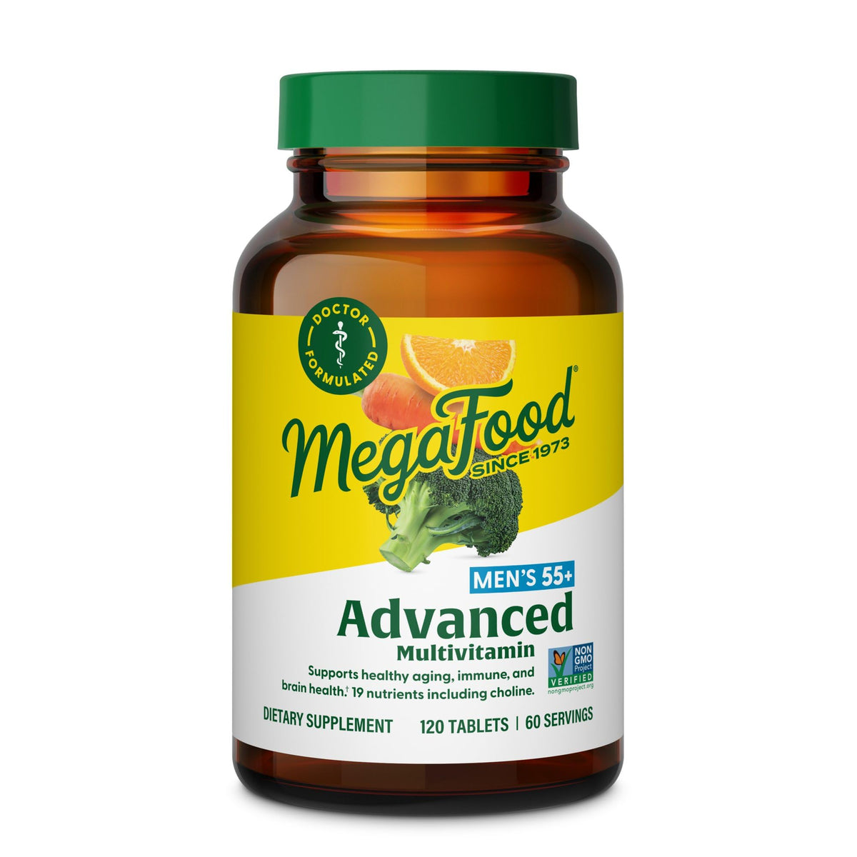 MegaFood Multi for Men 55+ bottle-front may support energy and daily wellness