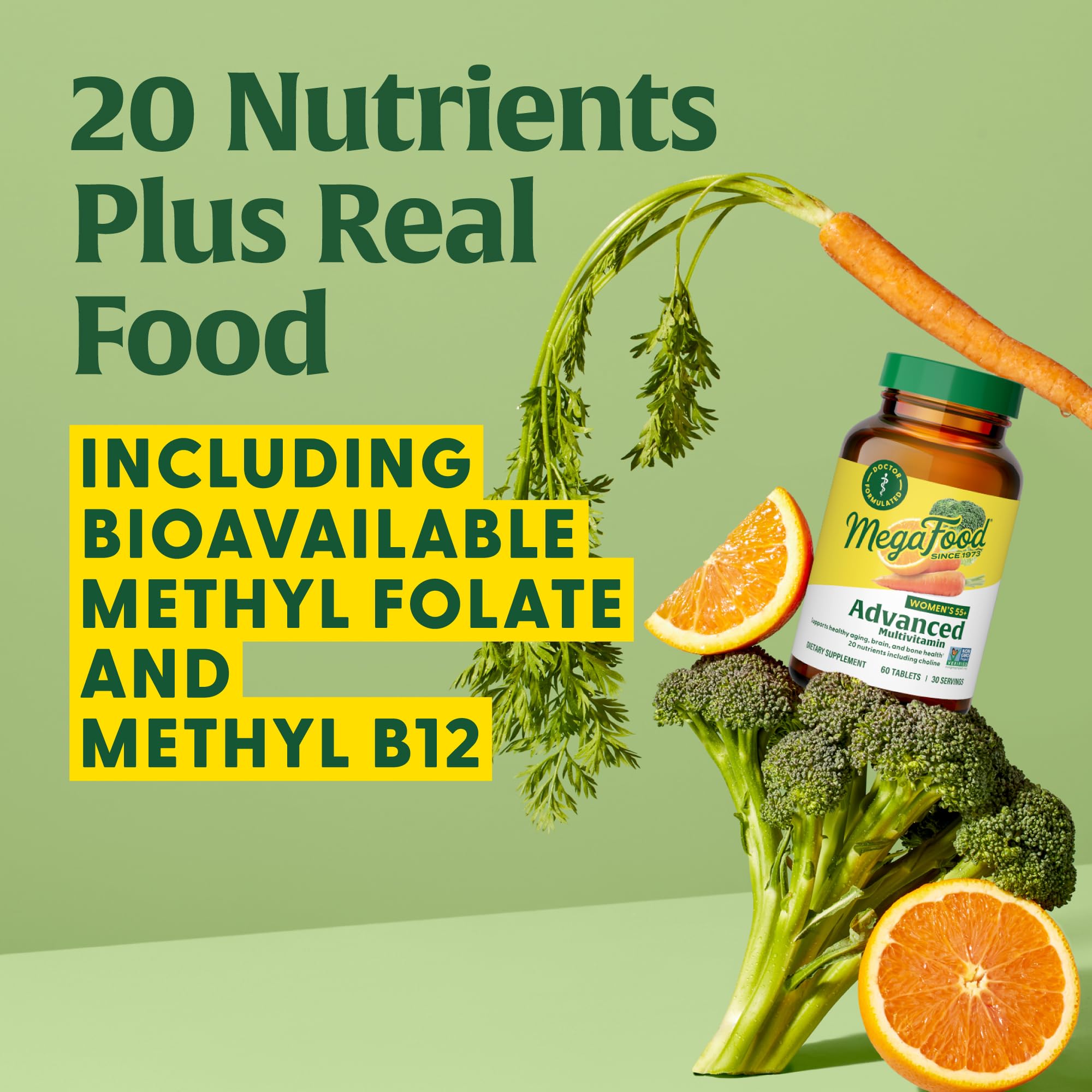 MegaFood Multi for Women 55+ real food carrot ingredient highlight.