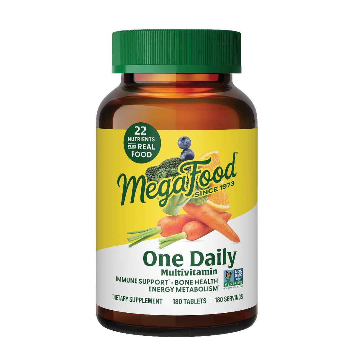 MegaFood One Daily bottle front showing daily immune and energy support potential.