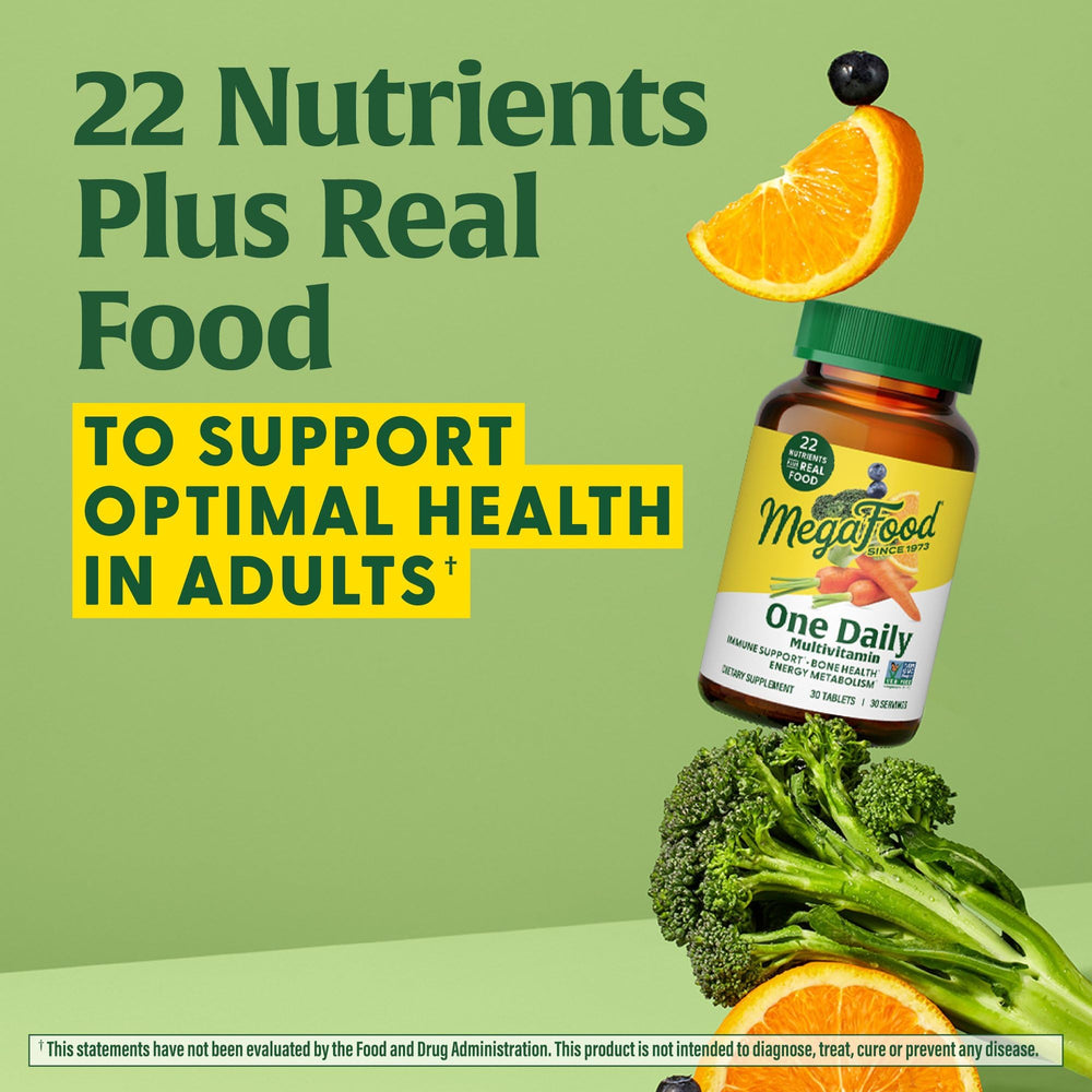 MegaFood One Daily tablets illustrating vegetarian formulation.