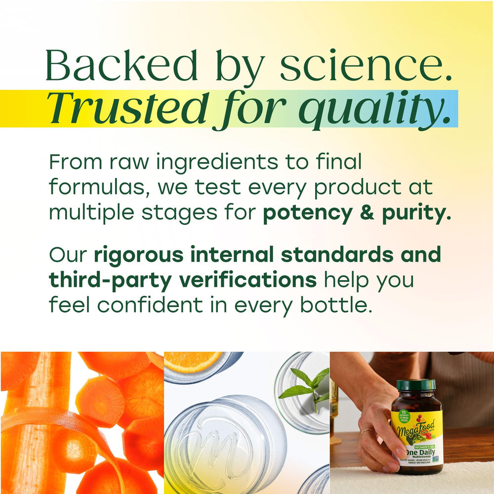 MegaFood quality lab-testing seal emphasizing safety and purity.