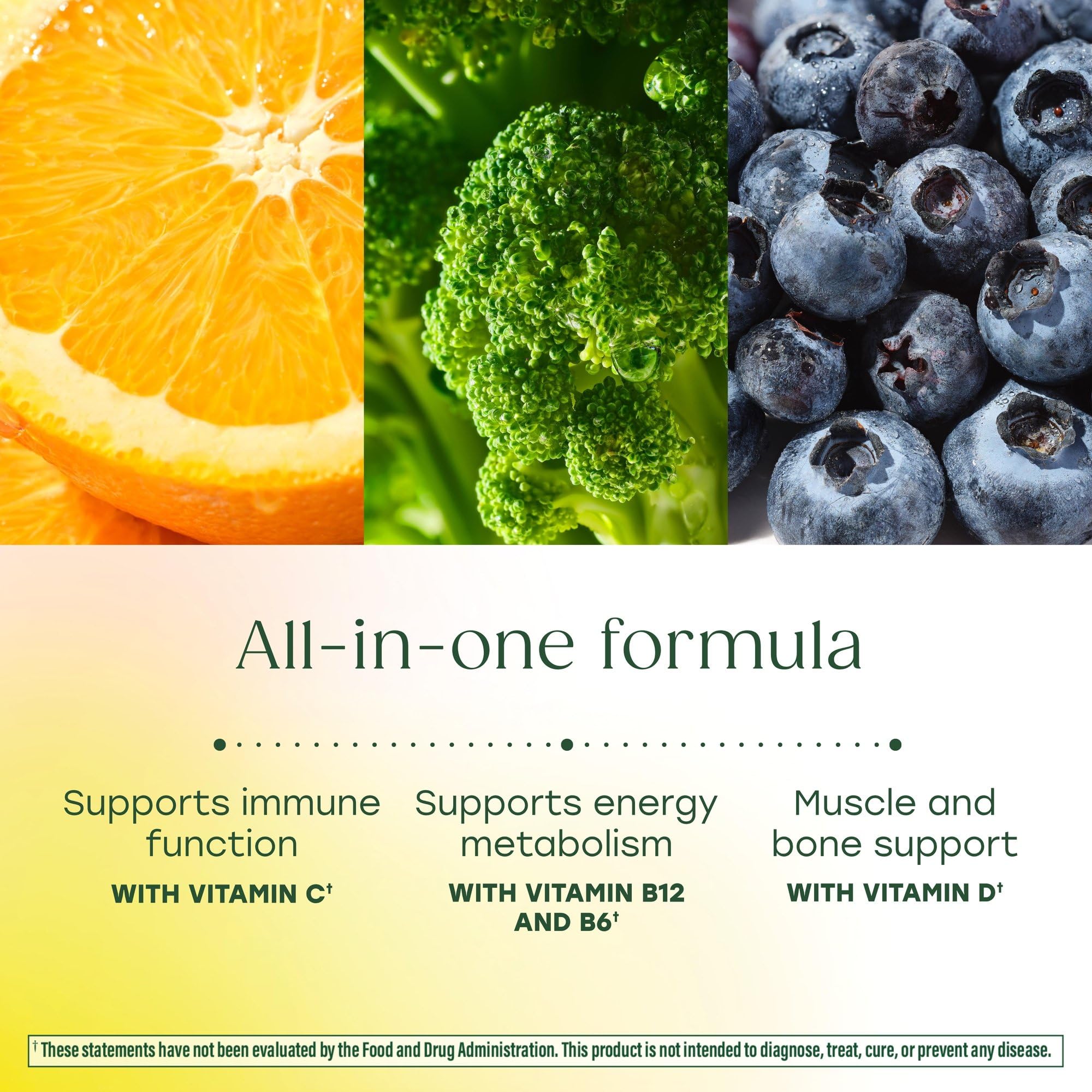 Real-food ingredients like blueberries, orange and broccoli in MegaFood formula