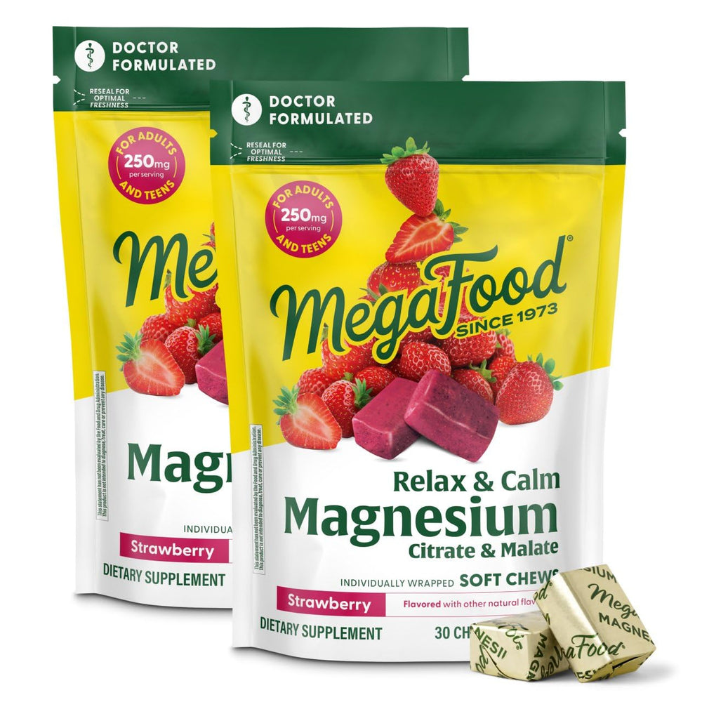 MegaFood Relax and Calm bottle front with strawberry chews for gentle calm support.
