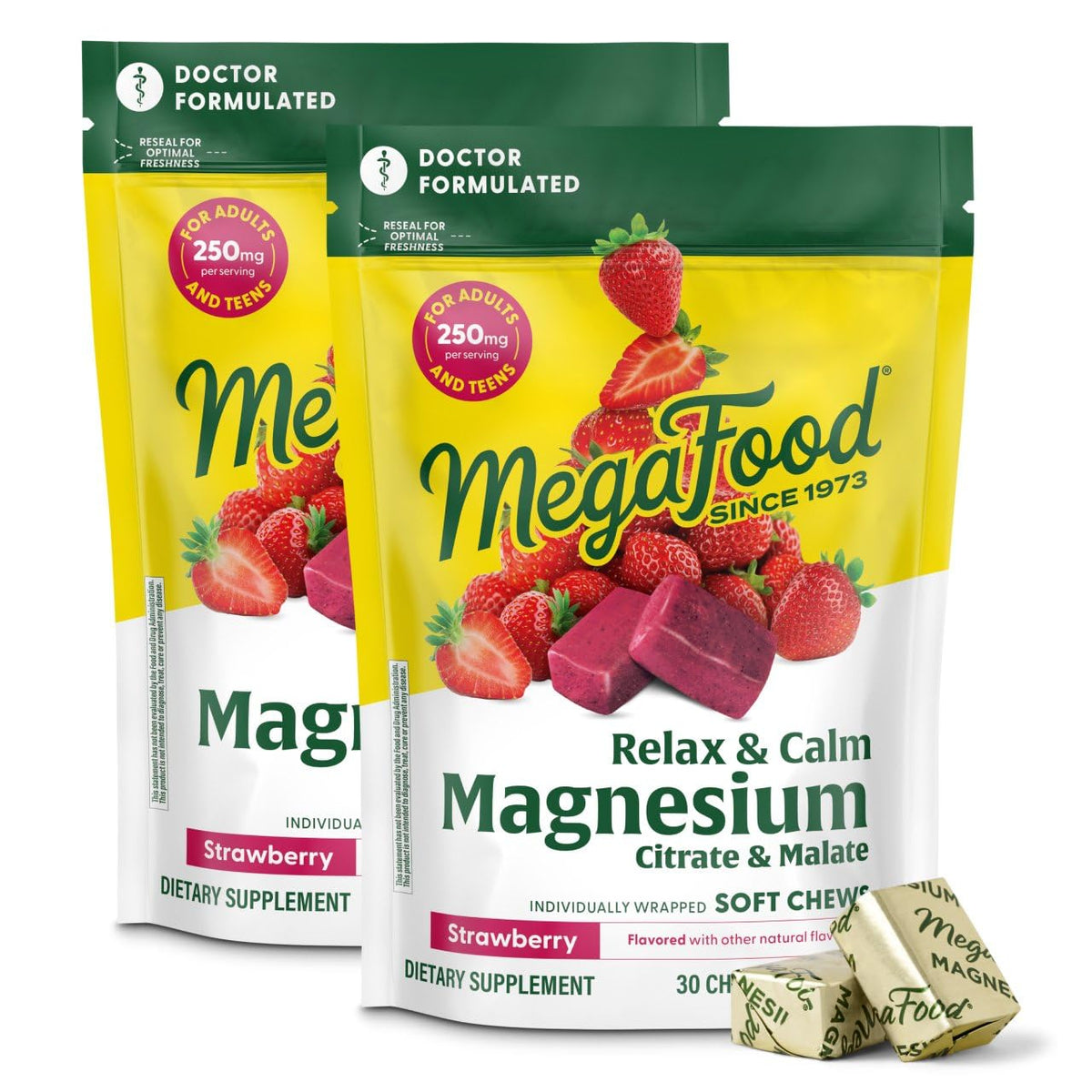 MegaFood Relax and Calm bottle front with strawberry chews for gentle calm support.