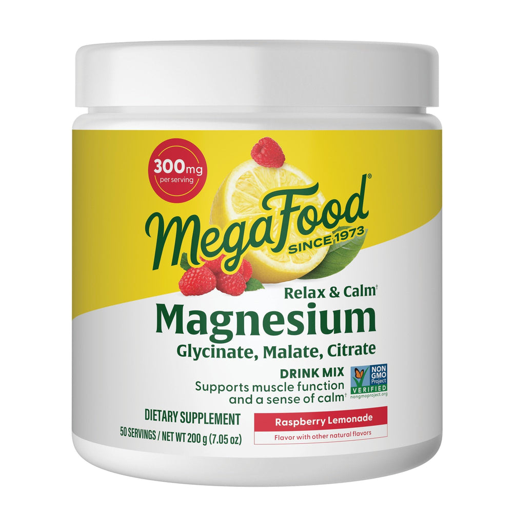 MegaFood Relax Calm magnesium powder bottle shown with a glass of water for a calming daily ritual.