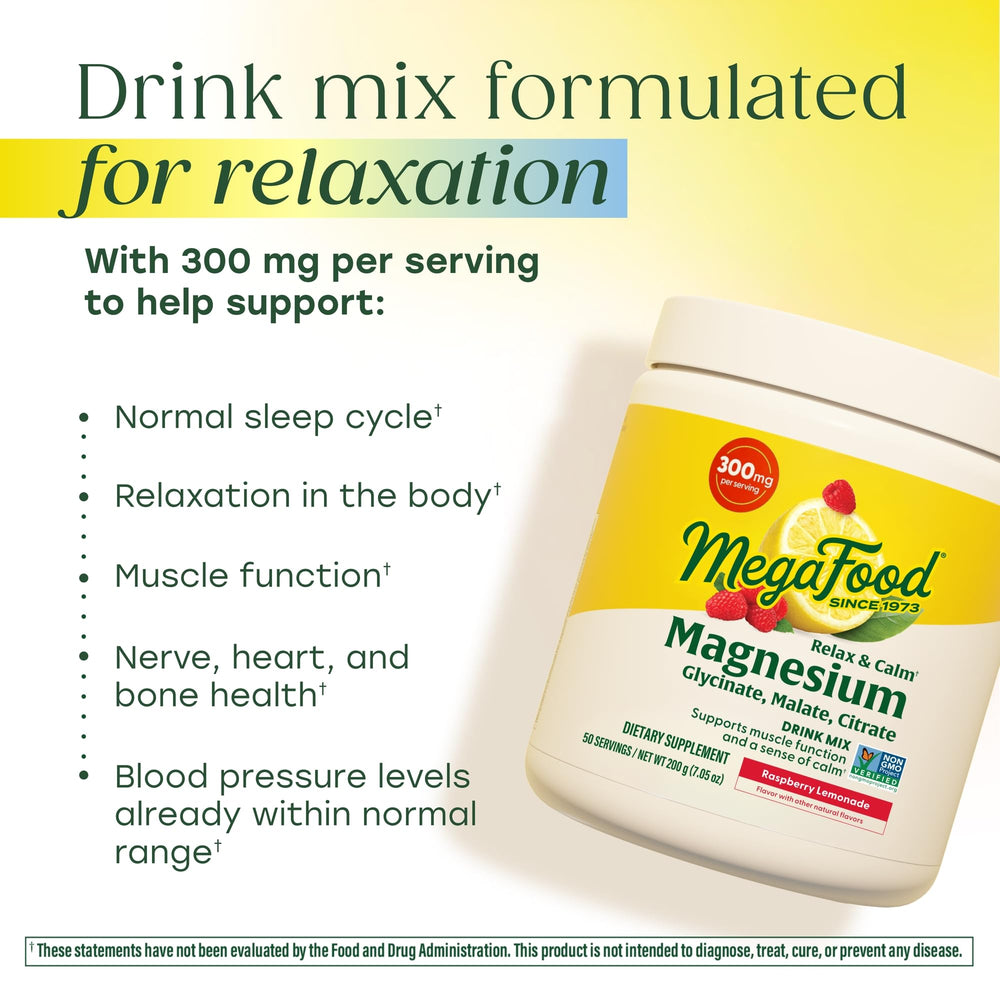 Close-up of MegaFood Relax Calm ingredients label highlighting three magnesium forms.