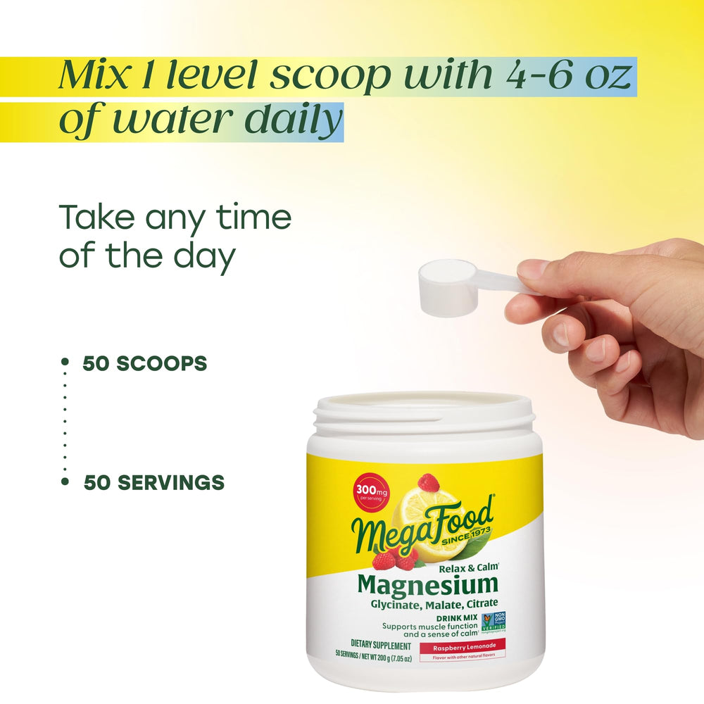 Morning routine setup with MegaFood Relax Calm powder and a glass of water.