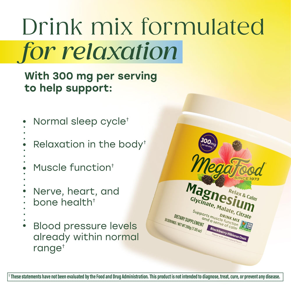 MegaFood Relax and Calm powder scoop ready to mix for a calm moment.