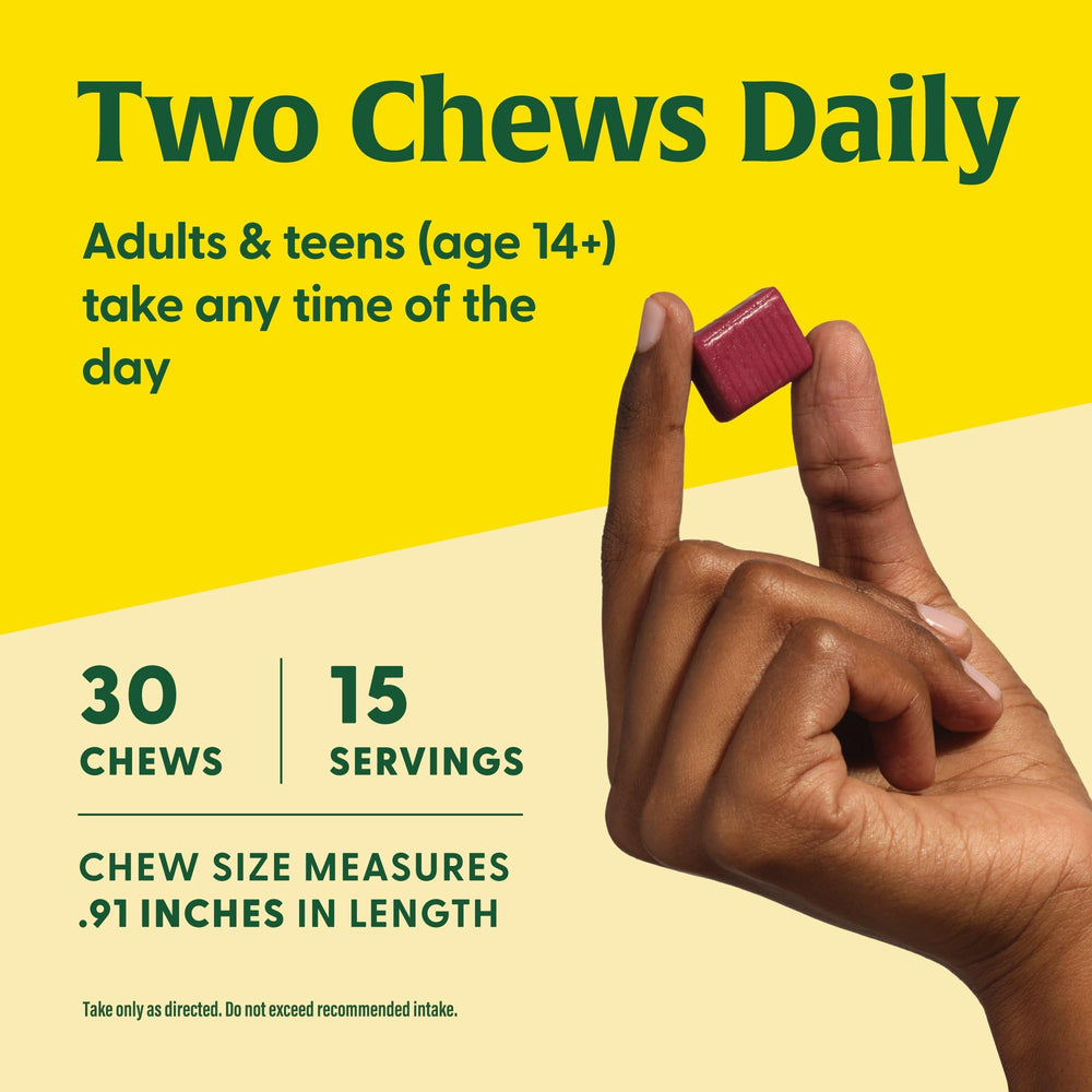 On-the-go display of MegaFood Relax and Calm chews in a pocket-ready package.