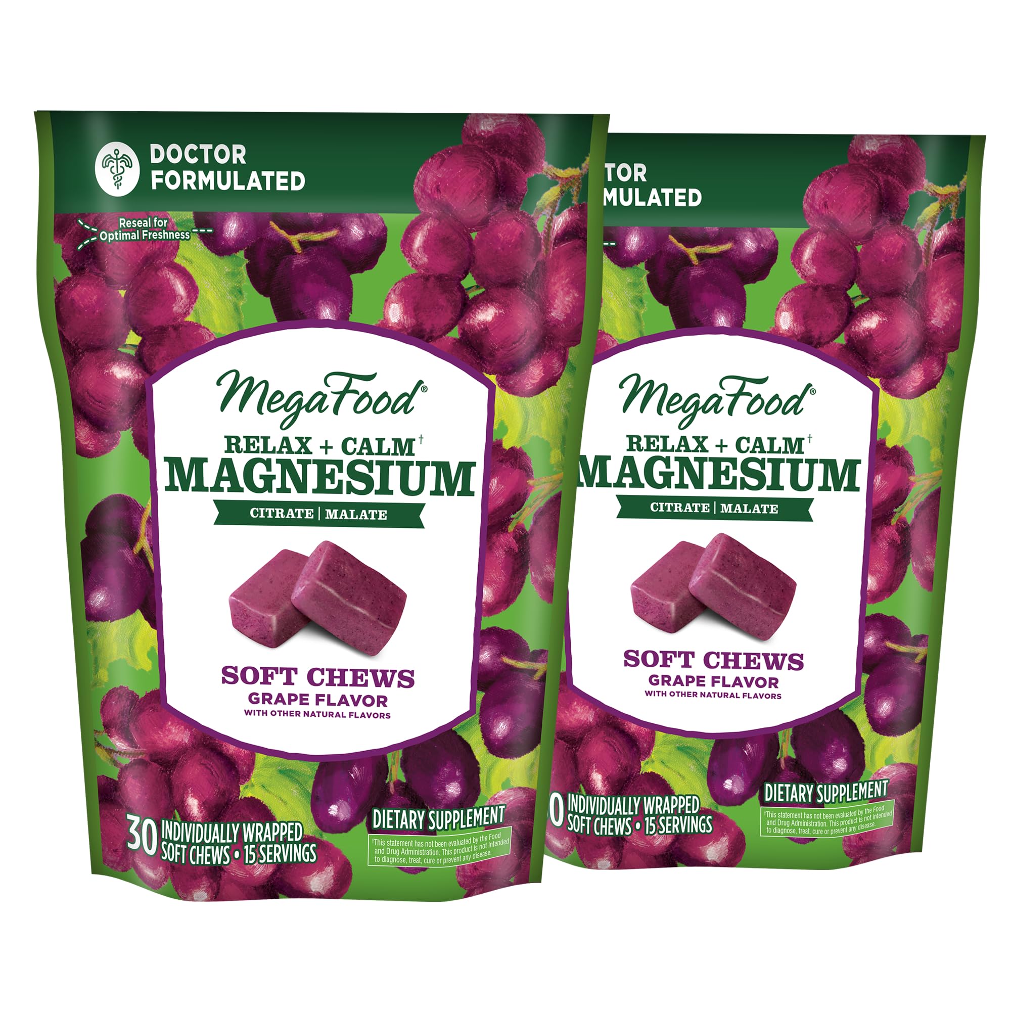 MegaFood Relax + Calm soft chews bottle closeup shows grape flavor for daily calm