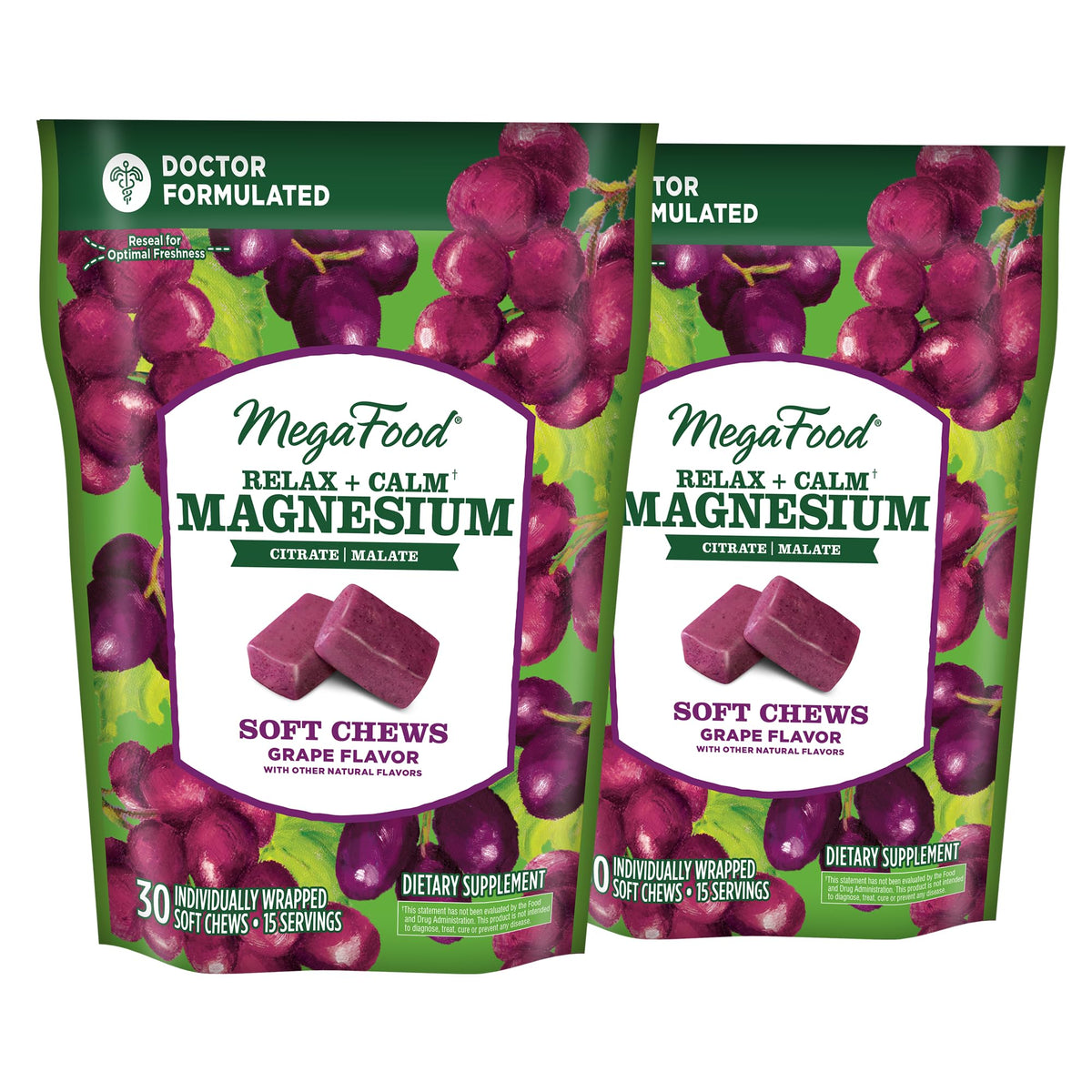 MegaFood Relax + Calm soft chews bottle closeup shows grape flavor for daily calm