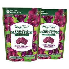MegaFood Relax + Calm soft chews bottle closeup shows grape flavor for daily calm