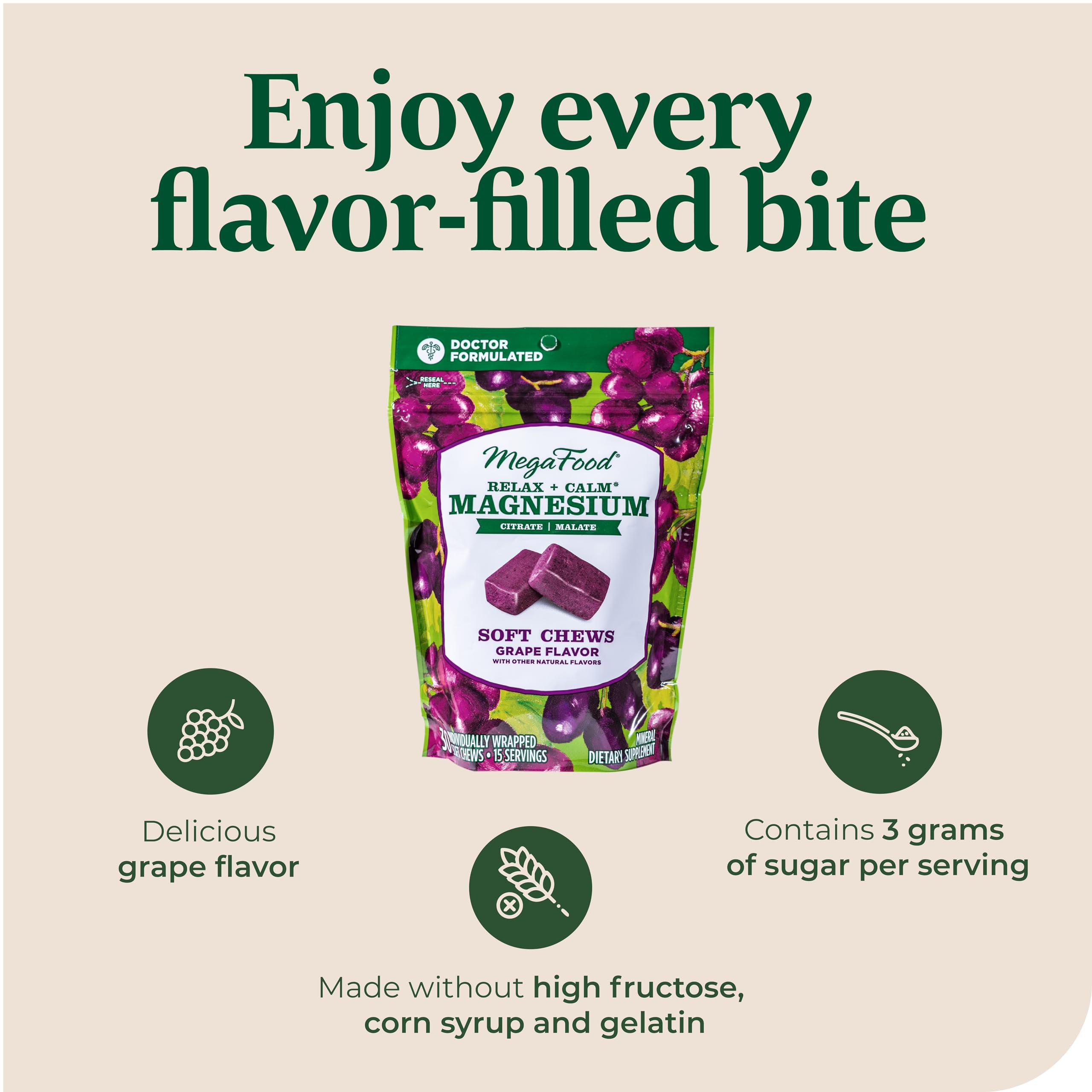 MegaFood Relax + Calm nutrition panel shows magnesium citrate and malate for absorbable support