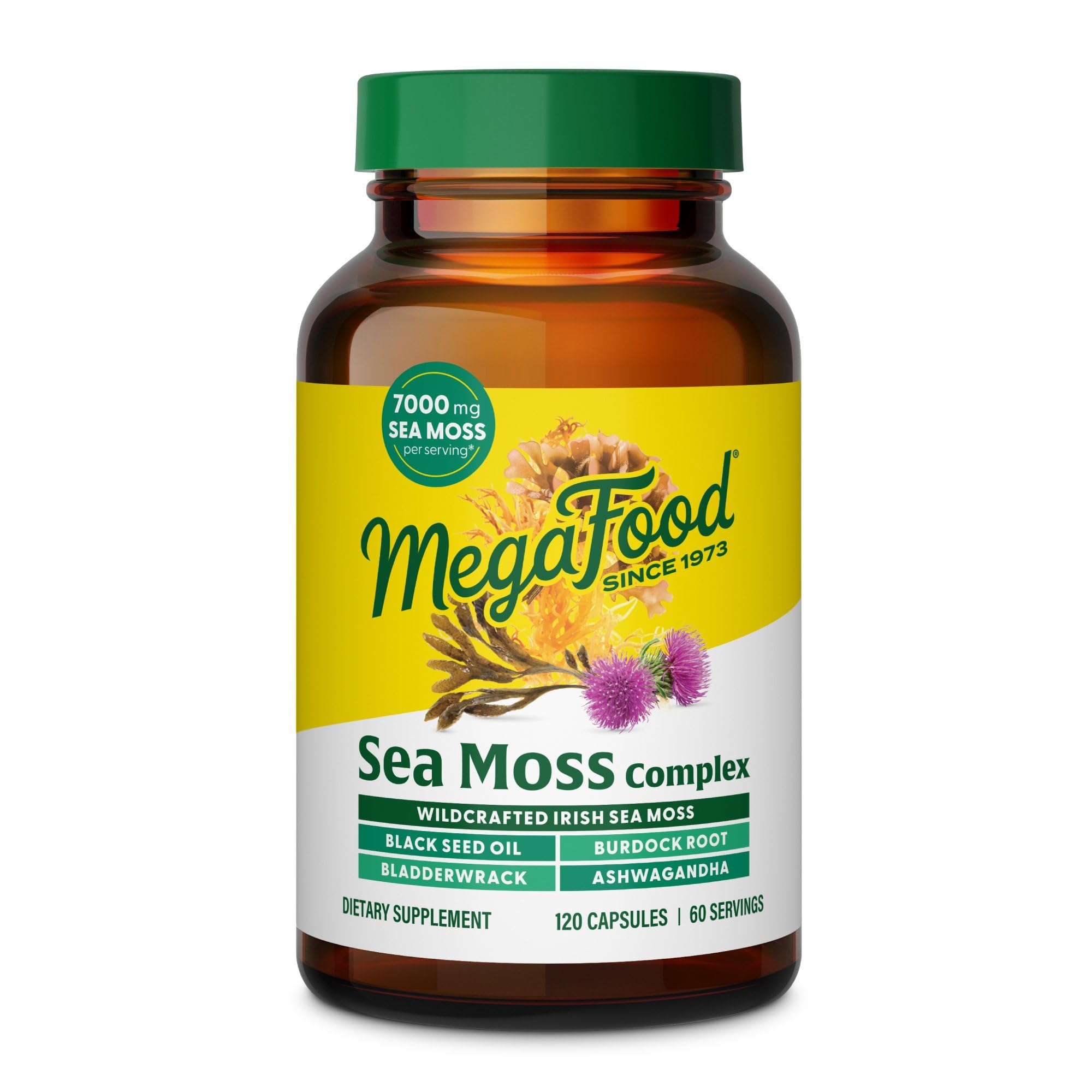 MegaFood Sea Moss Complex bottle with capsules for daily immune and gut support.
