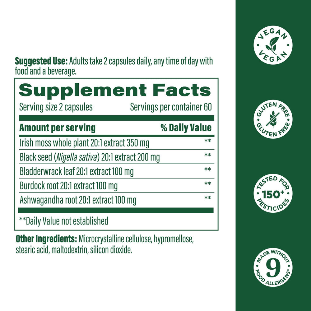 Close-up of MegaFood Sea Moss Complex capsules for convenient daily wellness.
