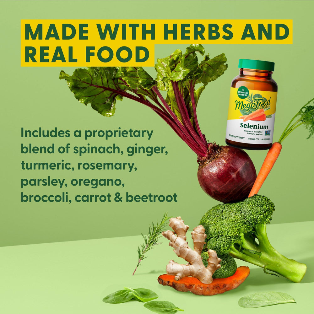 MegaFood selenium bottle label emphasizes vegan, non-GMO, and allergen-free qualities.
