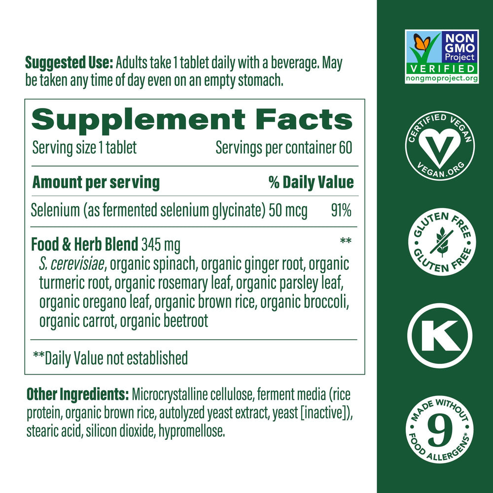 MegaFood Selenium tablet close-up illustrates easy daily intake with food blend.