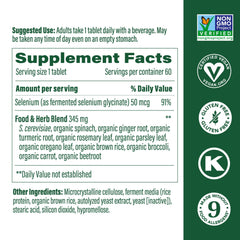 MegaFood Selenium tablet close-up illustrates easy daily intake with food blend.