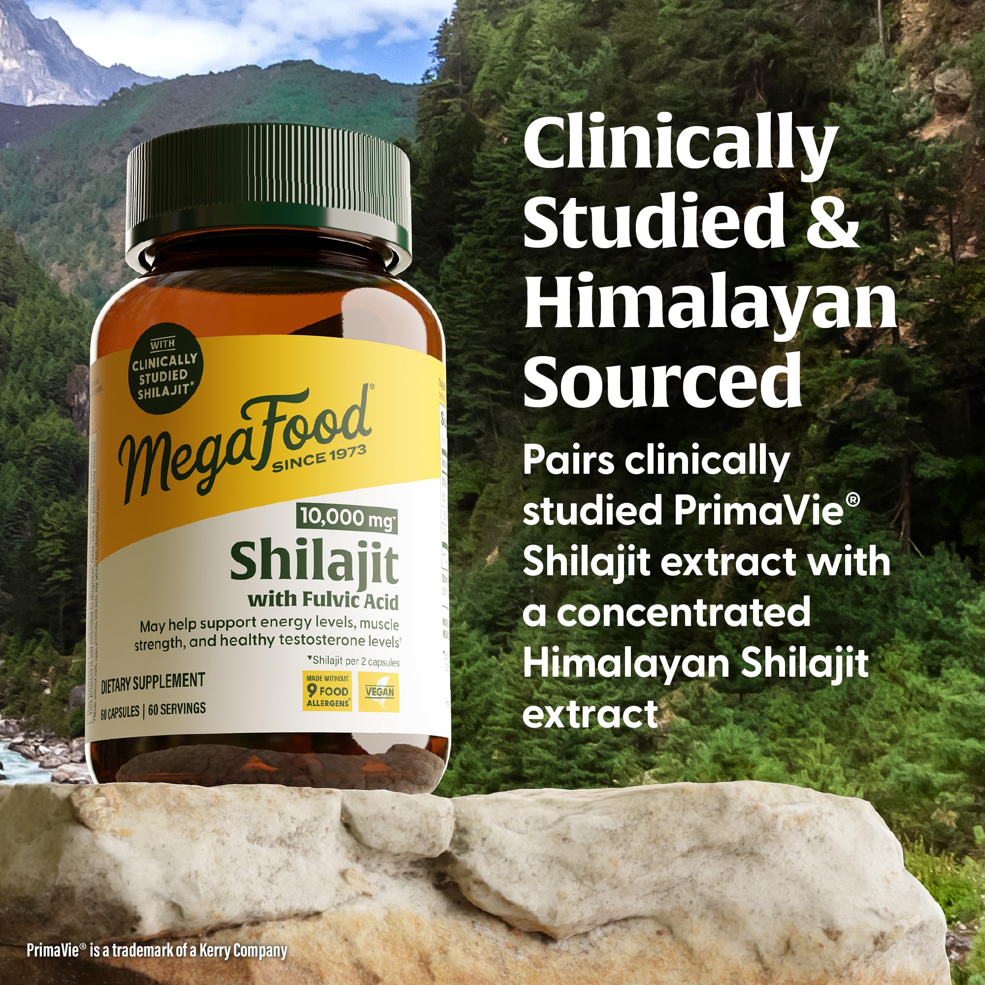 Himalayan origin emphasis beside MegaFood Shilajit bottle.
