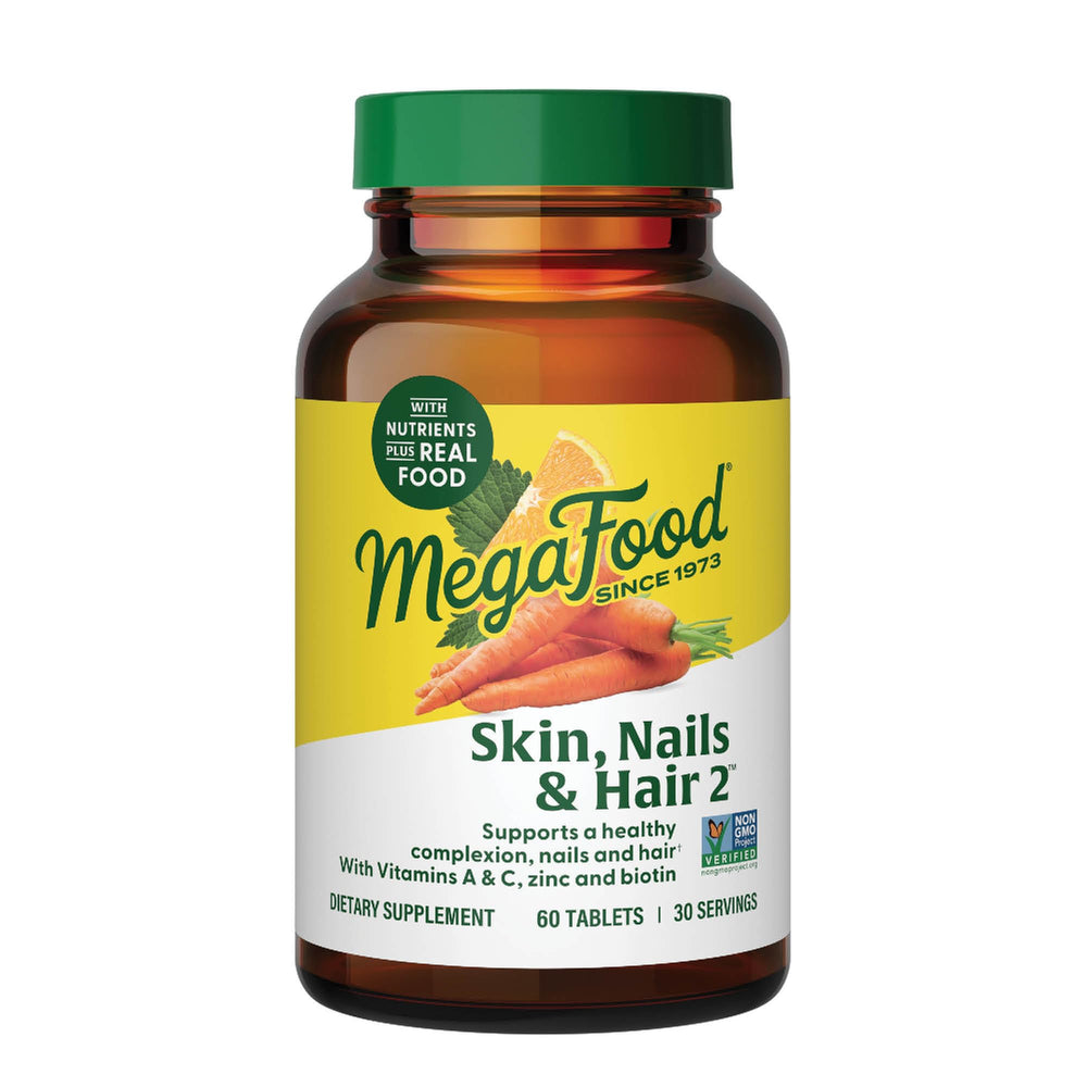 MegaFood Skin, Nails & Hair 2 bottle front view for daily nourishment and beauty support