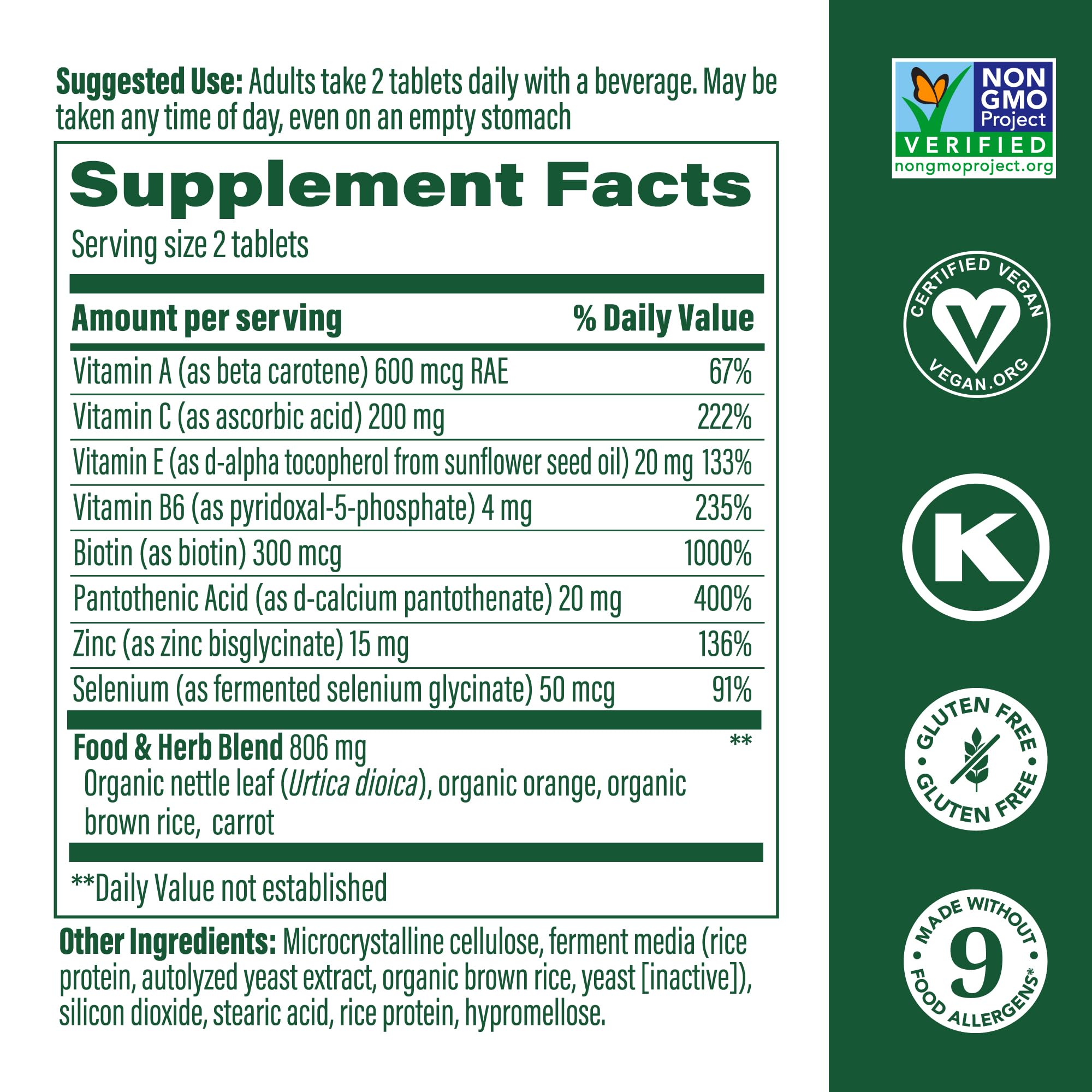 MegaFood Skin, Nails & Hair 2 capsules closeup highlighting vegan tablets for daily wellness