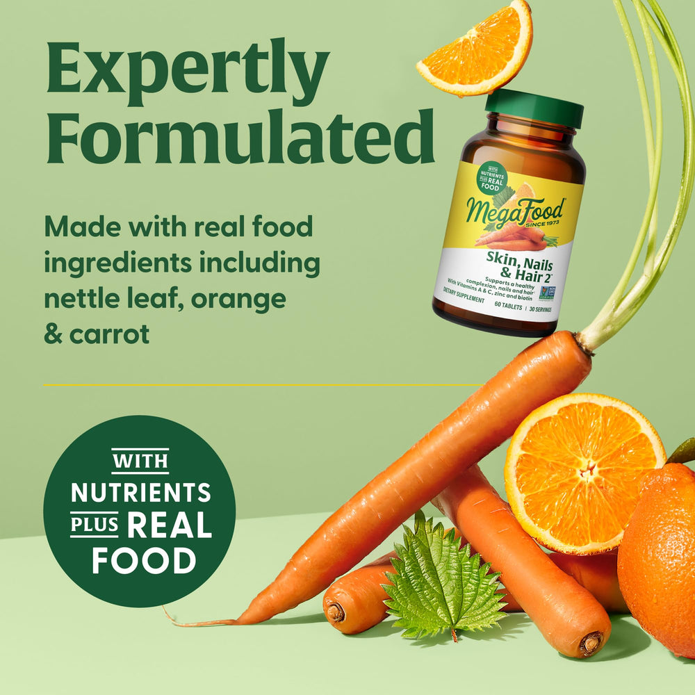MegaFood Skin, Nails & Hair 2 vegan symbol accentuating plant-based vitamins for nourishment