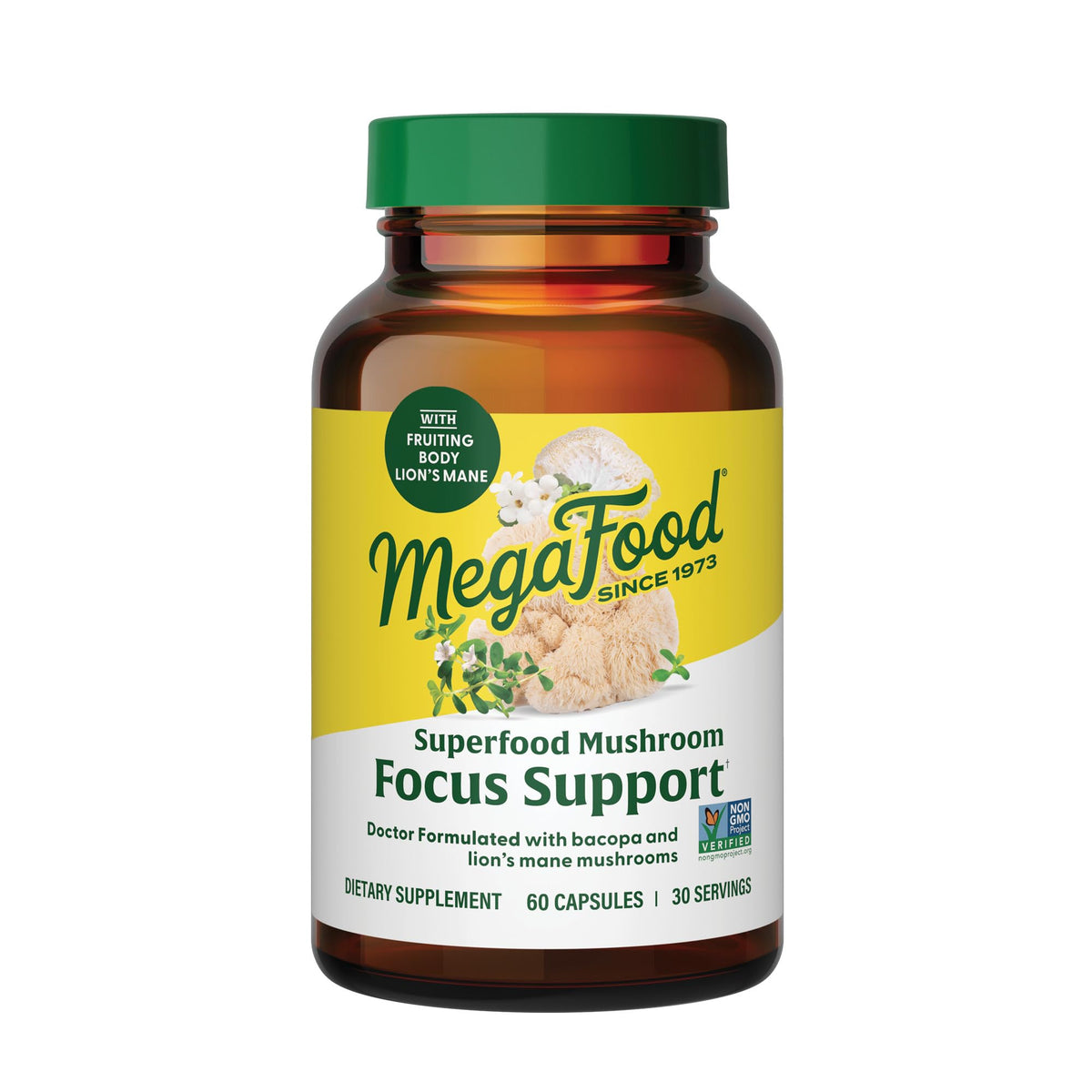 MegaFood Superfood Mushroom Focus bottle close-up highlighting focus support.