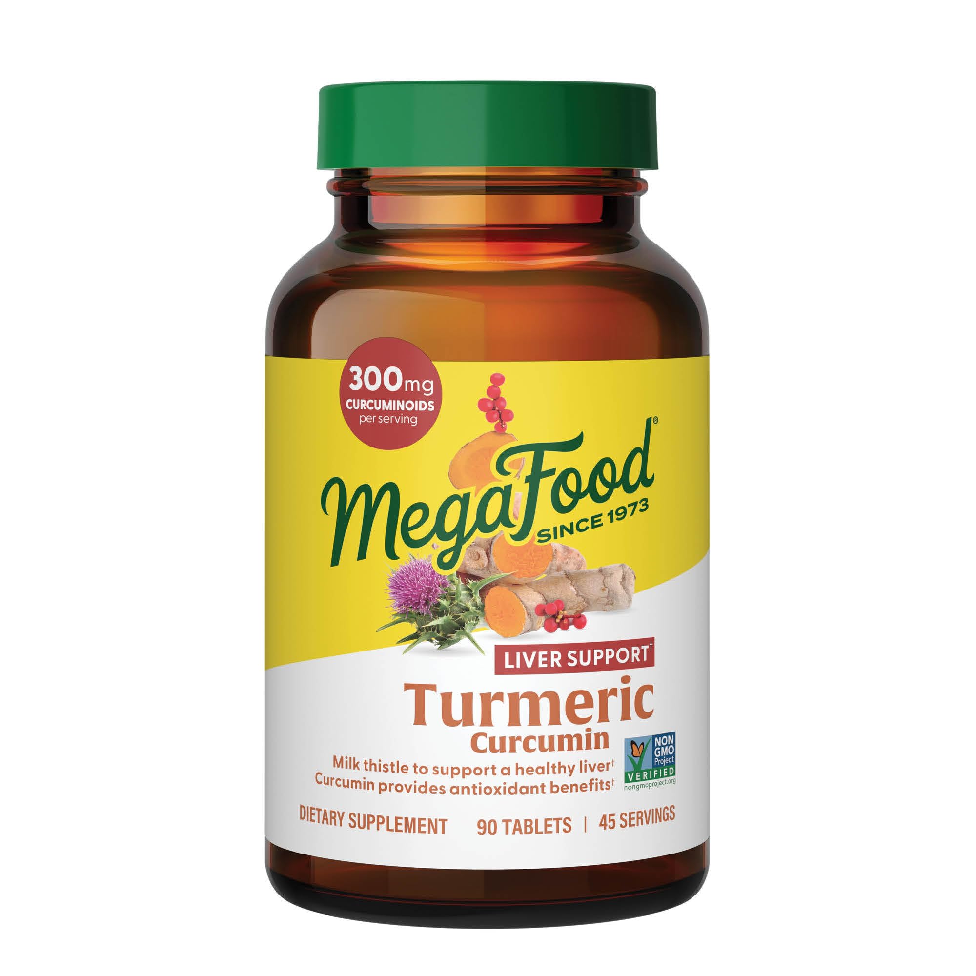 MegaFood Turmeric Curcumin bottle label clearly displays ingredients and dosage.