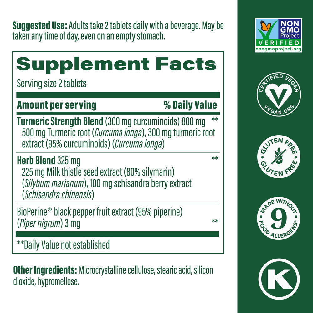 MegaFood Turmeric Curcumin capsules shown for convenient two-tablet serving.