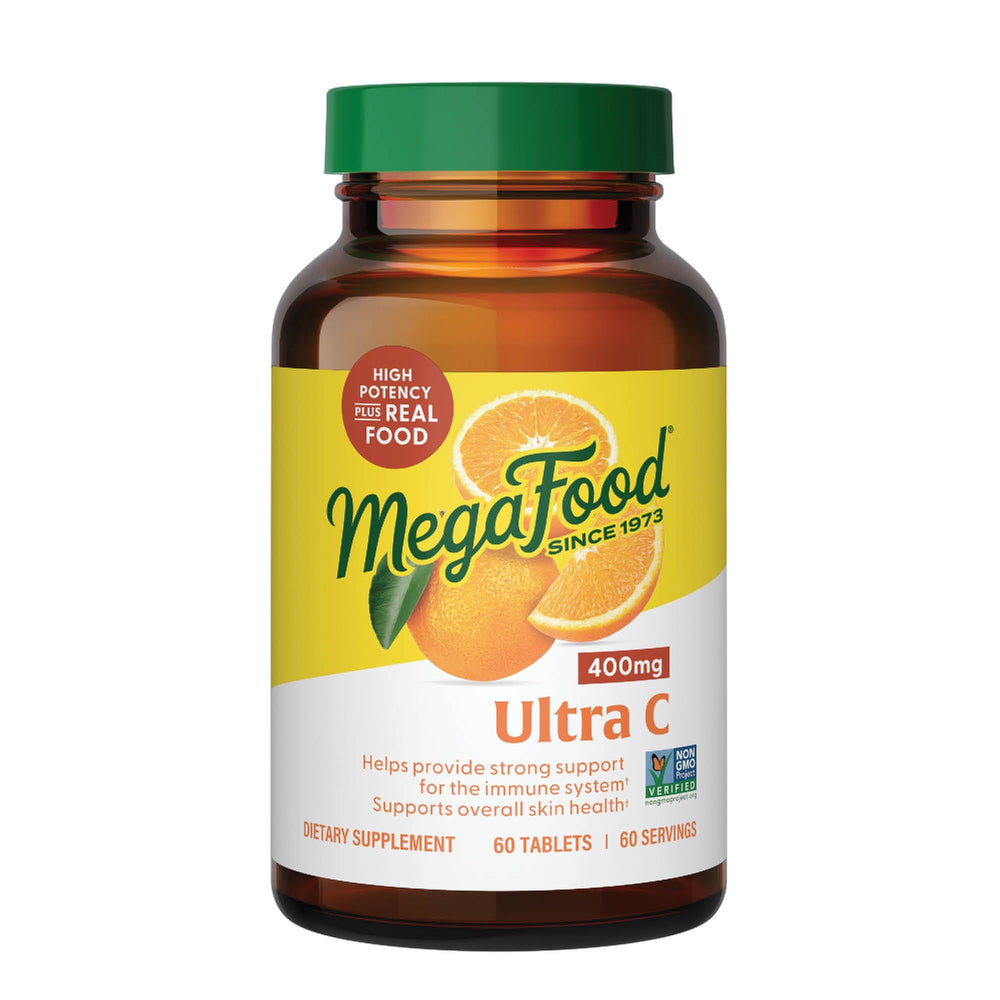 MegaFood Ultra C 400 mg bottle pour: convenient daily immune support with real-food ingredients.