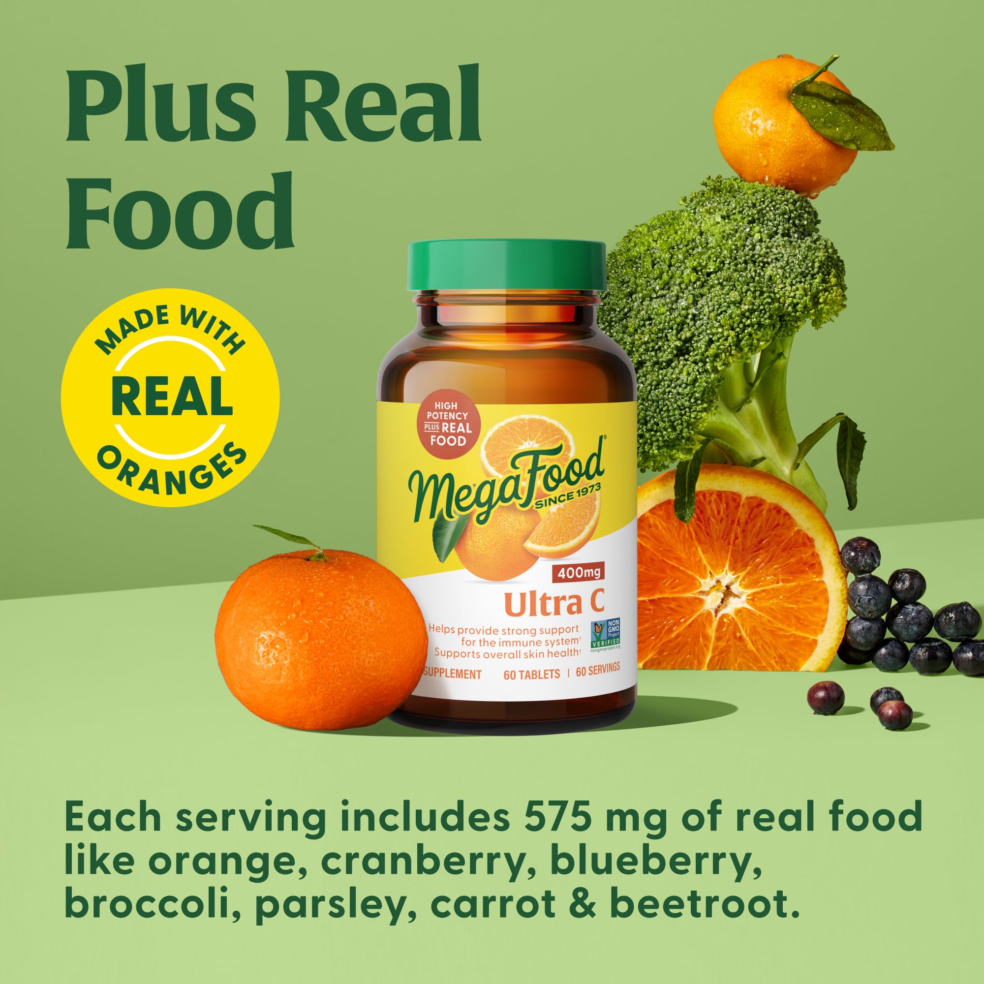 MegaFood Ultra C 400 mg orange-cranberry-brown-rice blend: colorful, nutrient-rich real-food sources.
