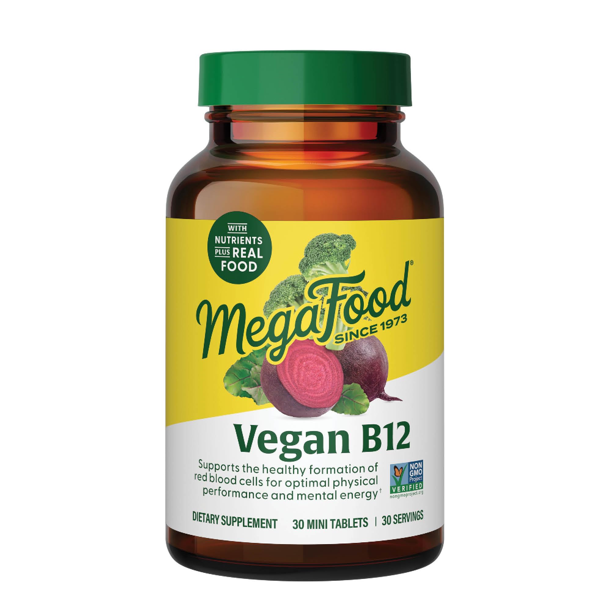 MegaFood vegan B12 mini-tablet bottle ready for daily energy support