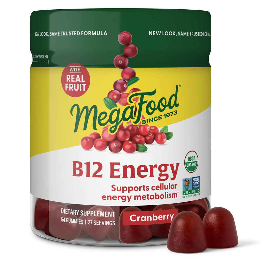 MegaFood Vitamin B12 Energy Gummies cranberry bottle close-up for vegan daily energy.