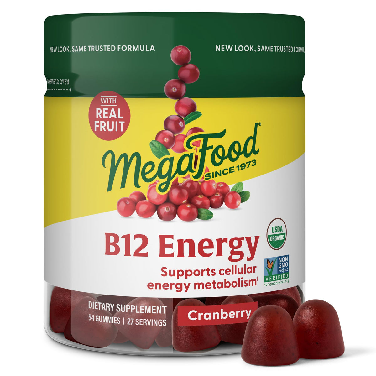 MegaFood Vitamin B12 Energy Gummies cranberry bottle close-up for vegan daily energy.