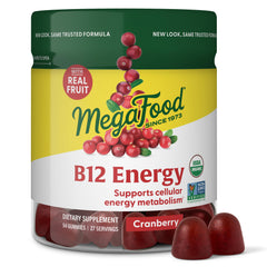 MegaFood Vitamin B12 Energy Gummies cranberry bottle close-up for vegan daily energy.