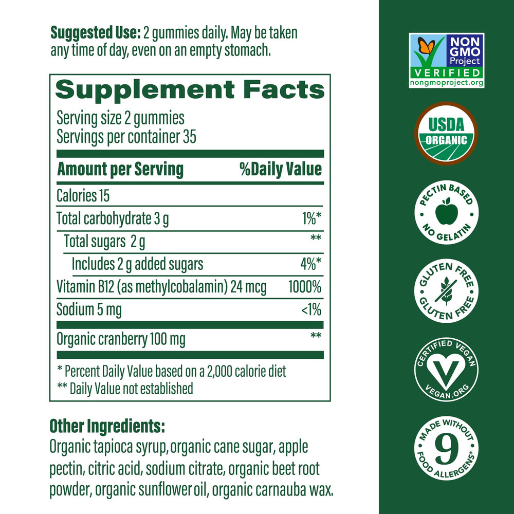 MegaFood B12 Energy Gummies serving suggestion showing two gummies for easy daily intake.