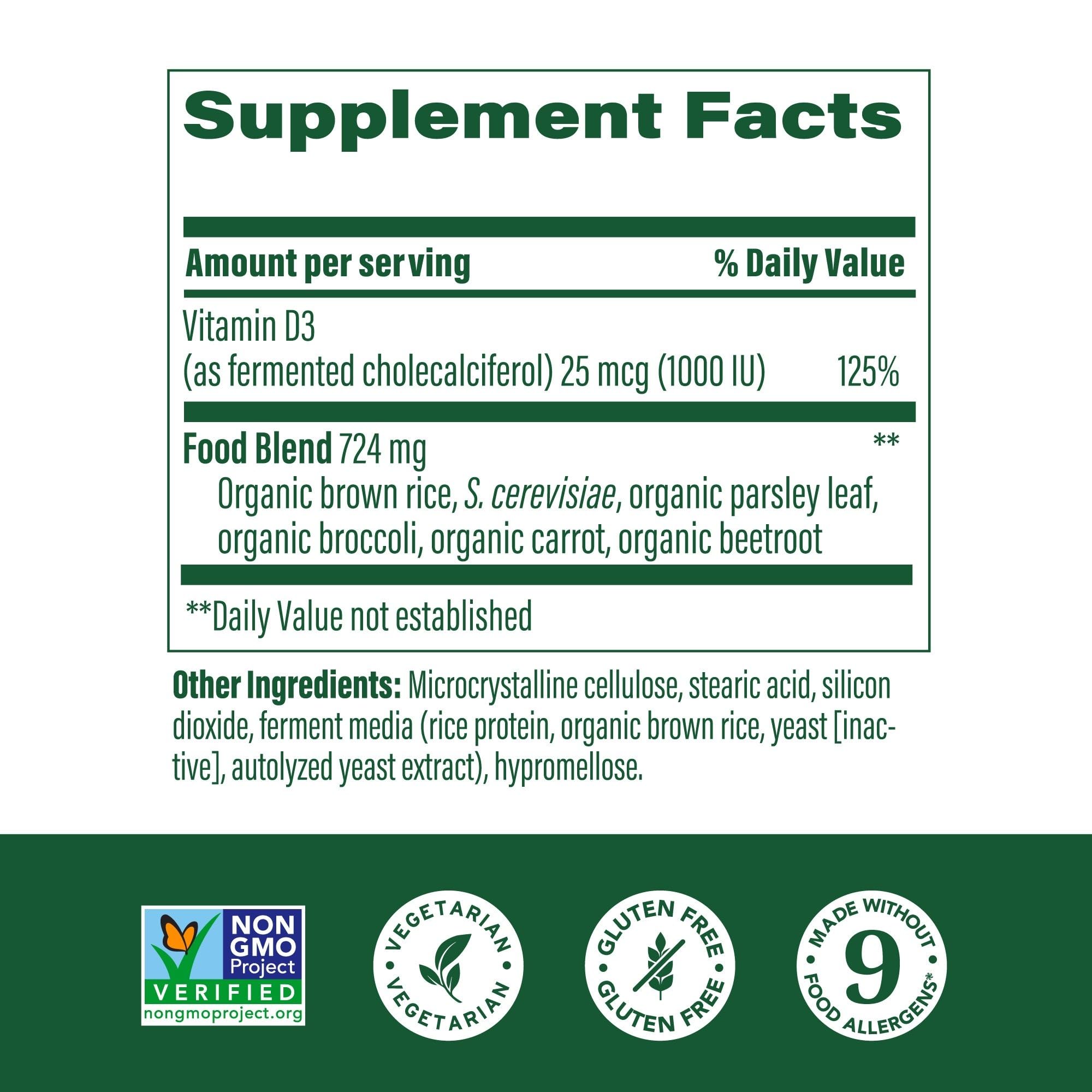 MegaFood Vitamin D3 1000 IU bottle back with dosage and allergen info