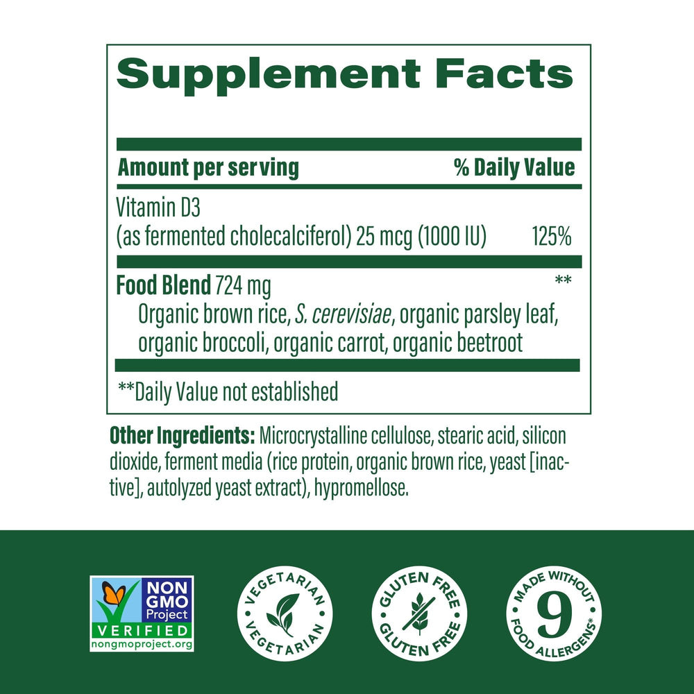 MegaFood Vitamin D3 1000 IU bottle back with dosage and allergen info