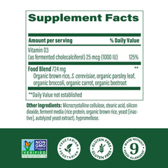 MegaFood Vitamin D3 1000 IU bottle back with dosage and allergen info