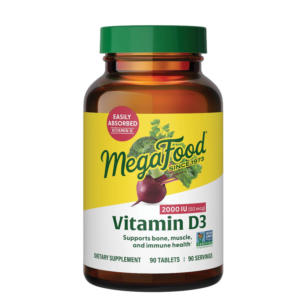 MegaFood Vitamin D3 2000 IU bottle front view highlighting daily immune support potential.