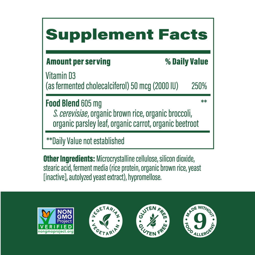 MegaFood Vitamin D3 bottle side view showing ingredients and real-food blend for absorption.